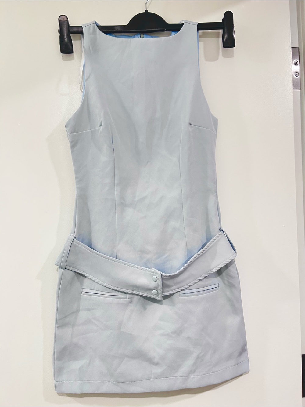 Pastel Blue Sleeveless Belted Mini Dress